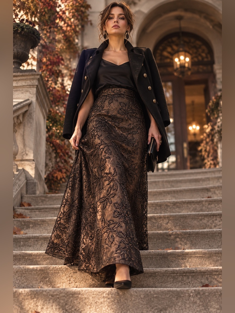 Beaded Bronze Maxi Skirt Metallic Floral Mesh Whimsigoth Gothic Evening Y2 Leaf